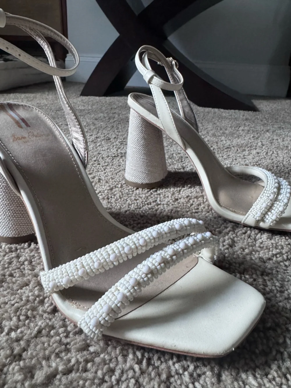 Sam Edelman Women's Ivory Beaded Block Heel Sandals - Elegant Ankle Strap